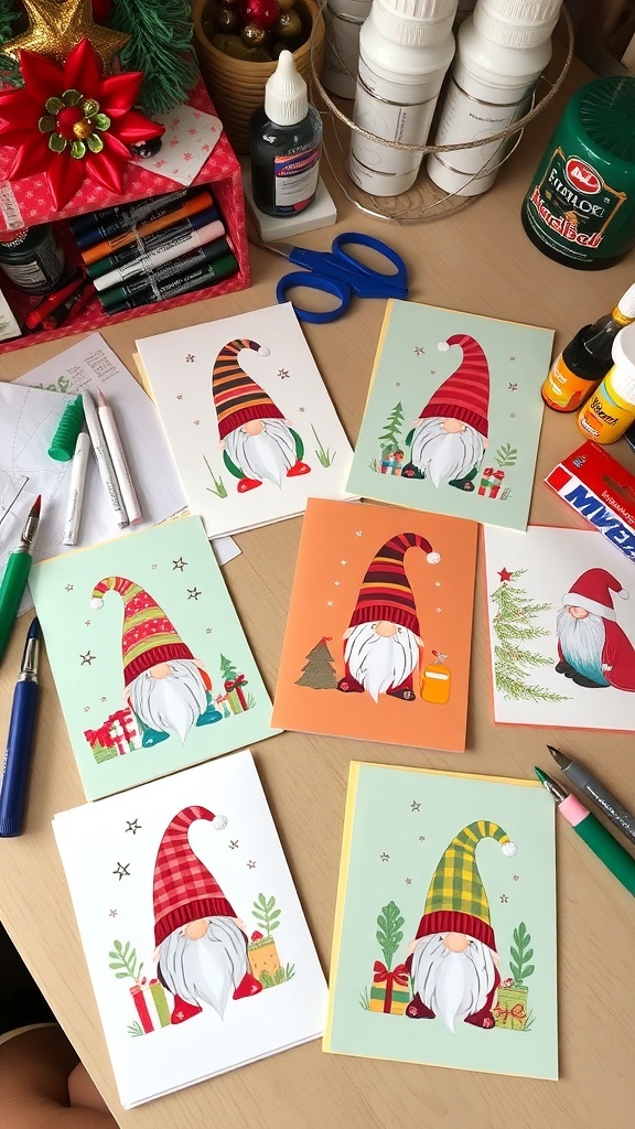 Handmade Christmas cards with gnome designs, colorful decorations, and crafting materials.